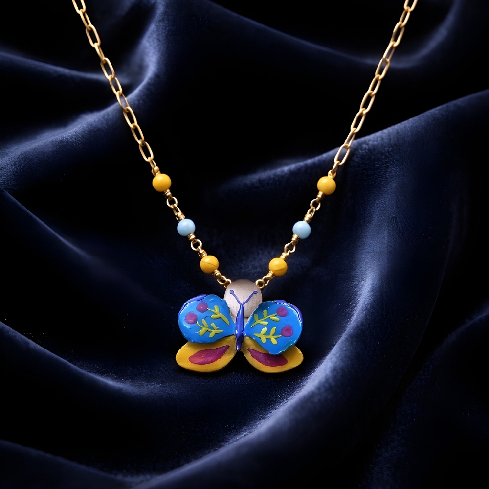 #436 HAND CRAFTED Necklace handmade Real Orchid Butterfly Blue Yellow
